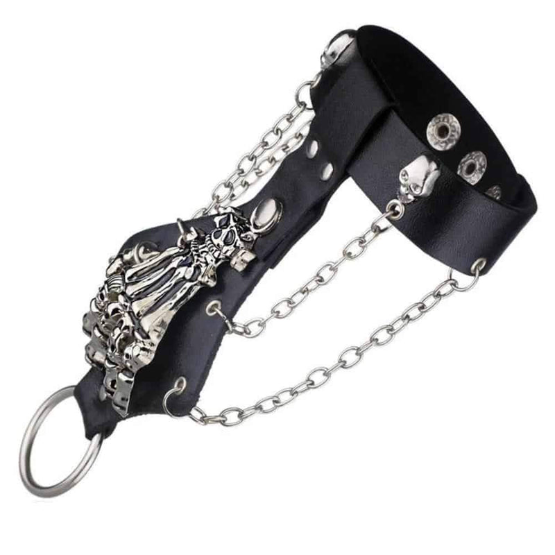 Cool Gothic Skeleton Hand Glove Chain Link Wristband Bangle Leather Bracelet