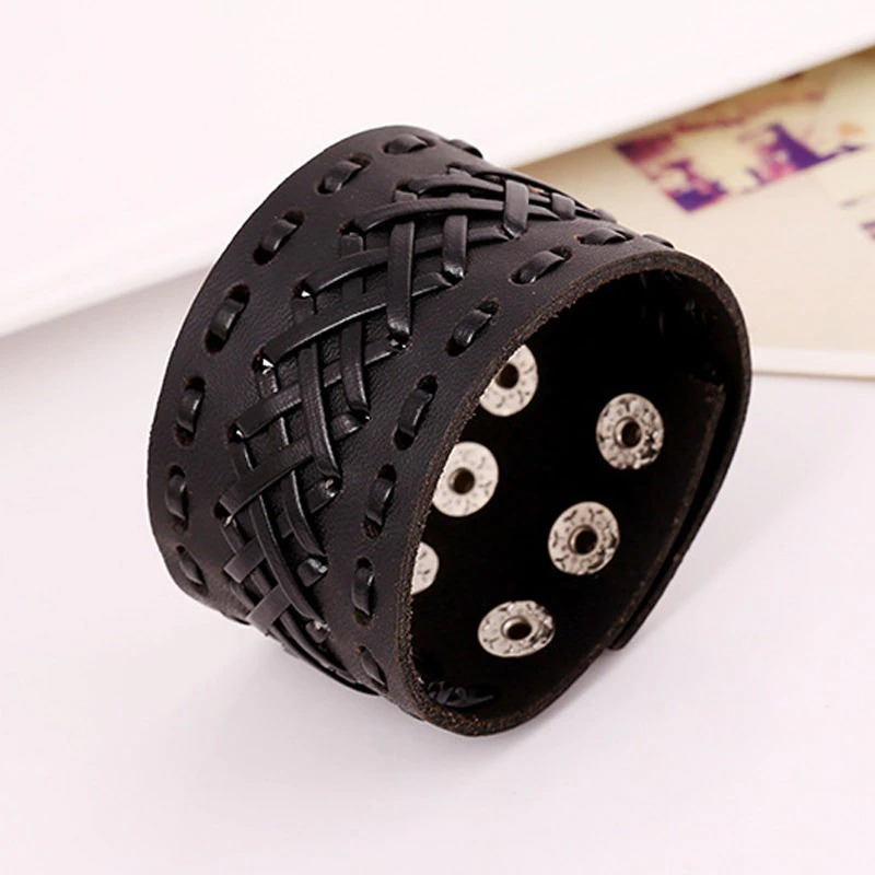 Leather Wide Bracelet Handmade / Braid Bracelet Brown Color