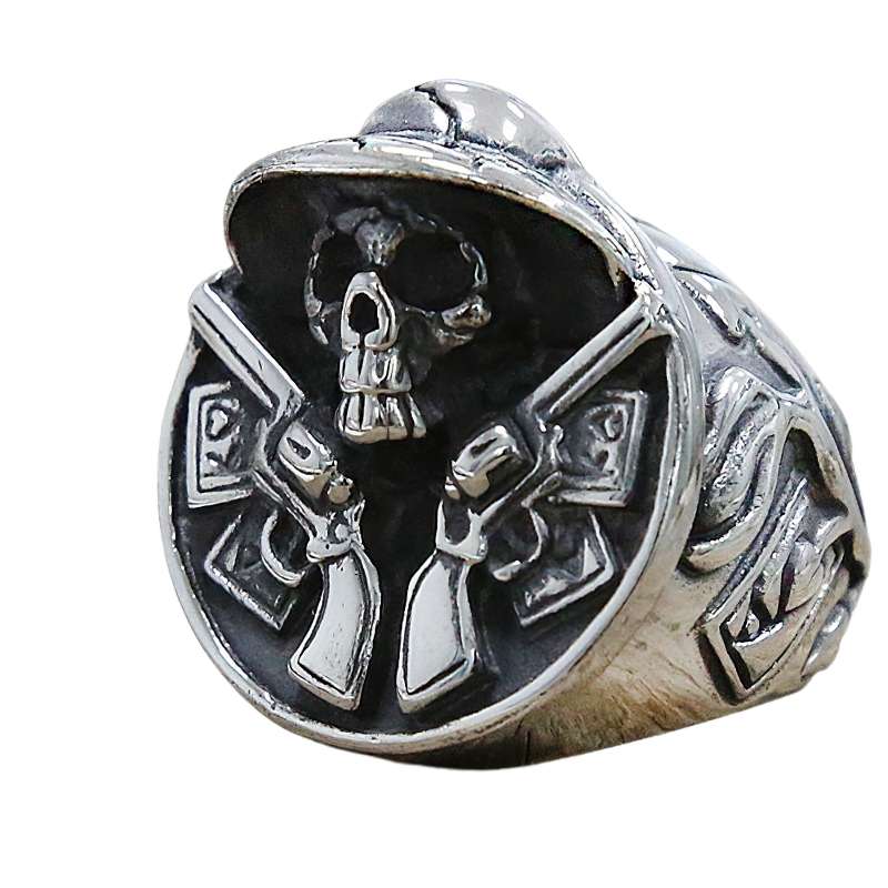 Ring of Skull Cowboy and Double Gun Revolver / Stylish Stainless Steel Jewelry