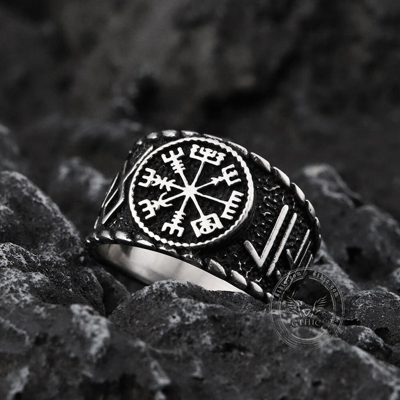 Vegvisir and Runes Stainless Steel Viking Ring