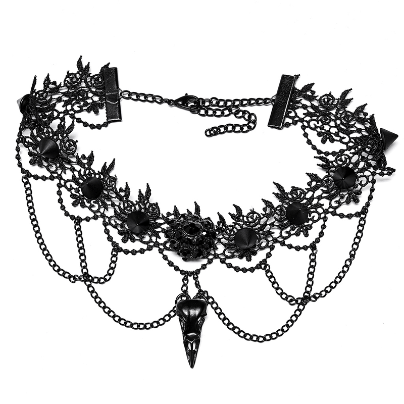 Victorian Gothic Lace Choker With Bird Skull Pendant
