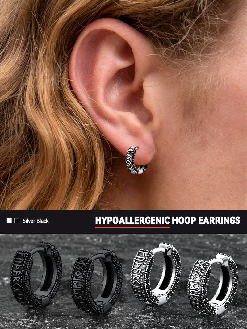 Sterling Silver Viking Runes Hoop Earrings With Black Zirconia for