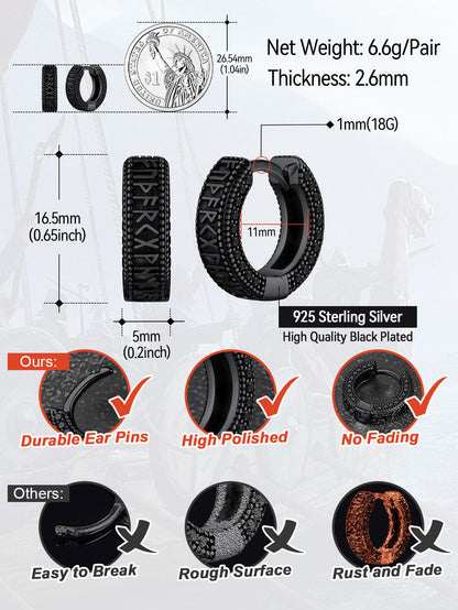 Sterling Silver Viking Runes Hoop Earrings With Black Zirconia for