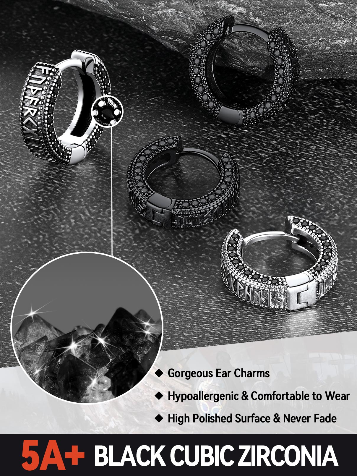 Sterling Silver Viking Runes Hoop Earrings With Black Zirconia for