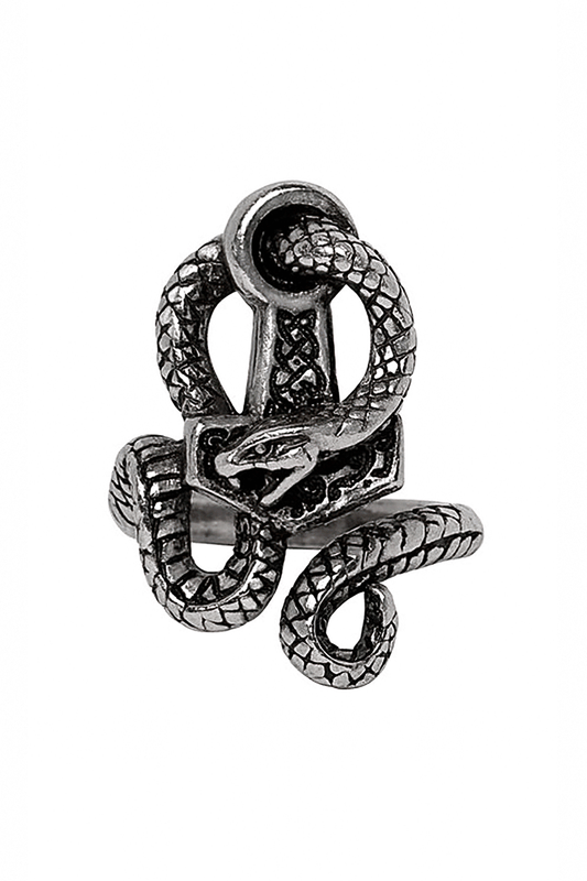 Viking Serpent and Hammer Ring in Antiqued Pewter
