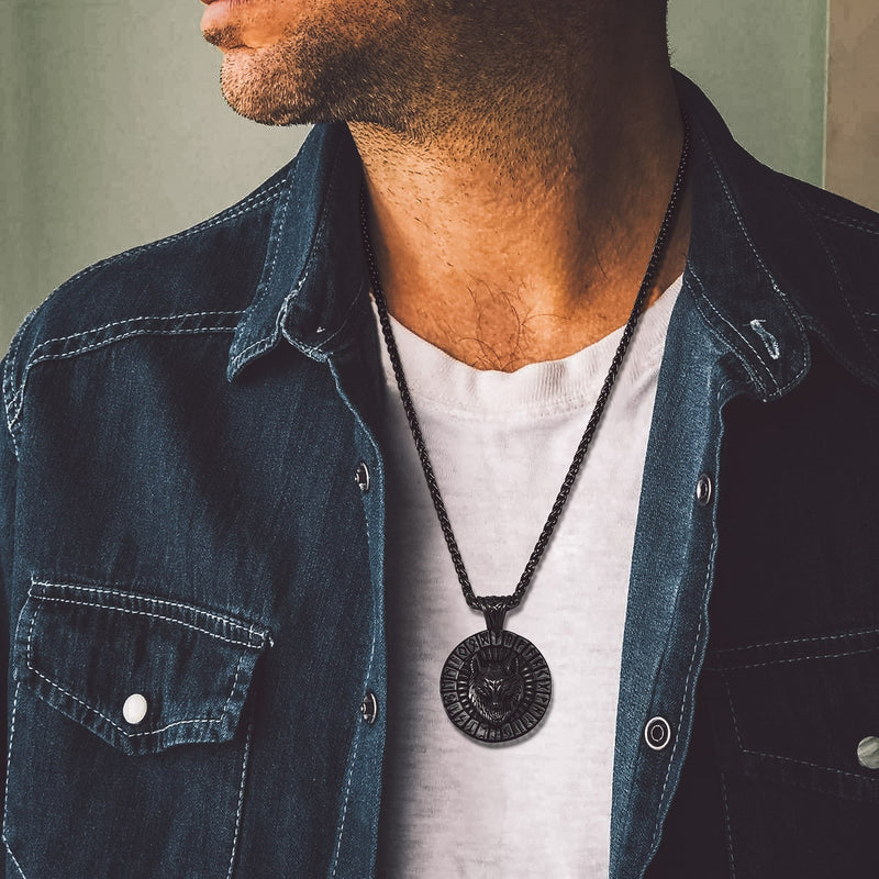 Viking Wolf Medal Necklace With Runes Jewelry for