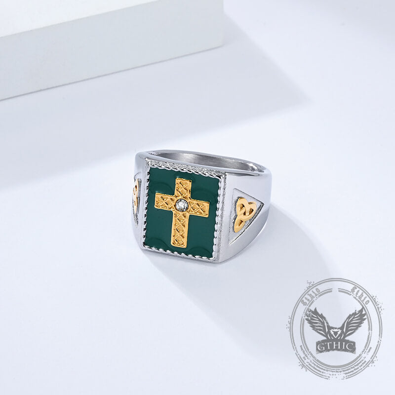 Viking Celtic Knot Gem Cross Stainless Steel Nordic Ring