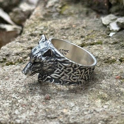 Viking Celtic Knot Wolf Head Sterling Silver Ring