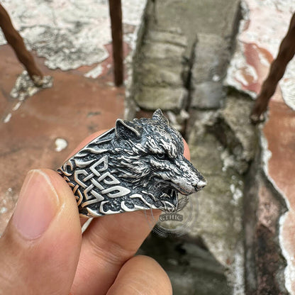 Viking Celtic Knot Wolf Head Sterling Silver Ring