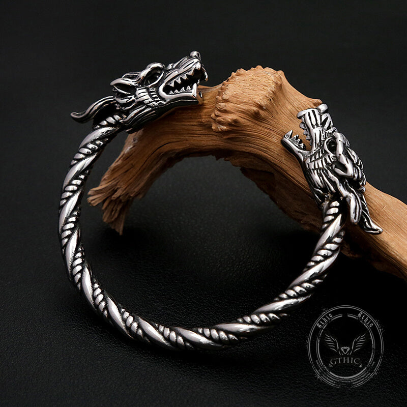 Viking Double Dragon Head Stainless Steel Nordic Open Bracelet