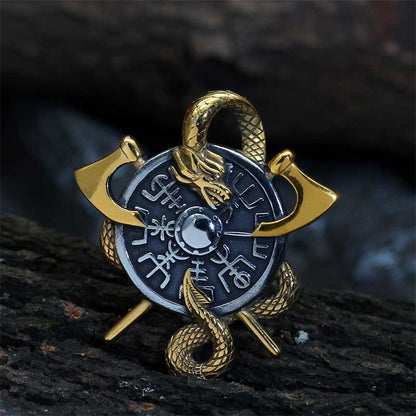 Viking Dragon Double Axe Vegvisir Stainless Steel Pendant