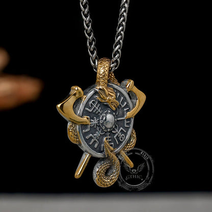 Viking Dragon Double Axe Vegvisir Stainless Steel Pendant