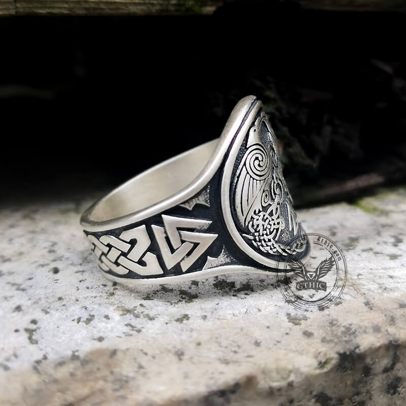 Viking Ravens Valknut Symbols Sterling Silver Ring