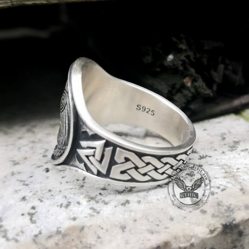 Viking Ravens Valknut Symbols Sterling Silver Ring
