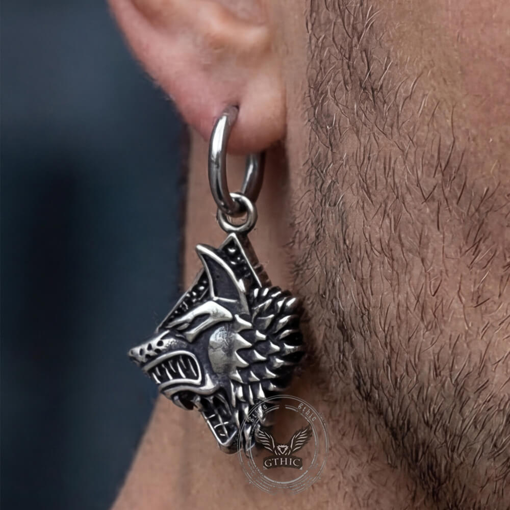 Viking Rune Wolf Head Stainless Steel Earrings