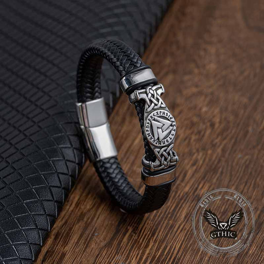Viking Runes Valknut Stainless Steel Leather Bracelet