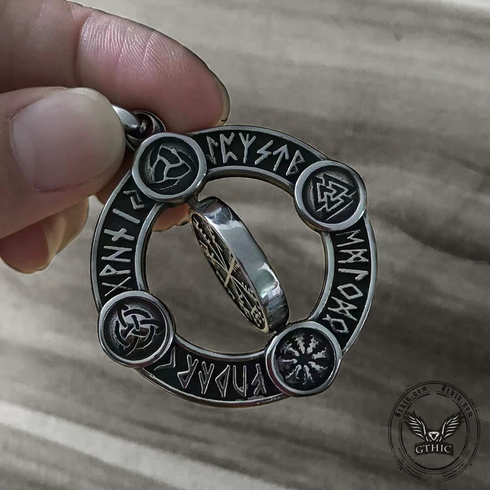 Viking Symbols Runes Vegvisir Stainless Steel Rotatable Pendant