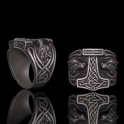 Viking Thor's Hammer Double Wolves Sterling Silver Ring