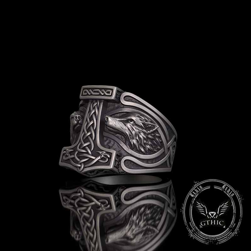 Viking Thor's Hammer Double Wolves Sterling Silver Ring