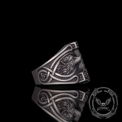 Viking Thor's Hammer Double Wolves Sterling Silver Ring