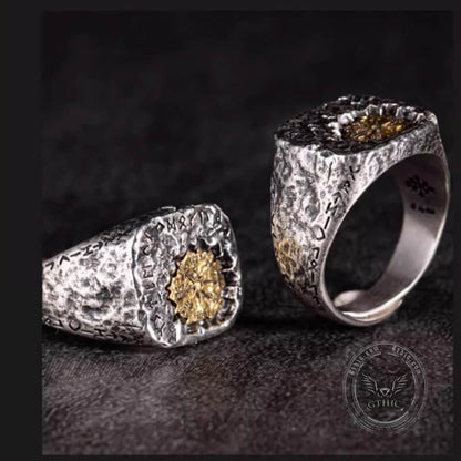Viking Vegvisir Runes Sterling Silver Inlaid Brass Open Ring