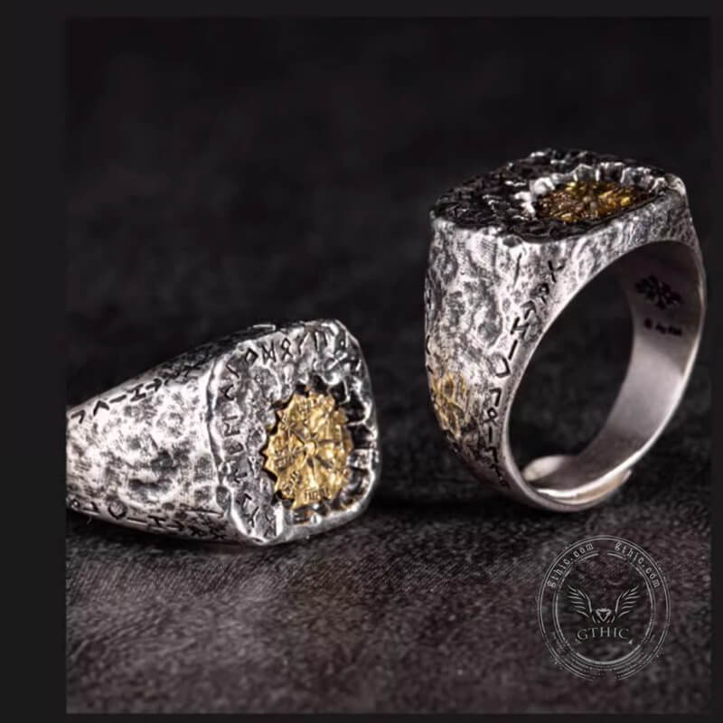 Viking Vegvisir Runes Sterling Silver Inlaid Brass Open Ring