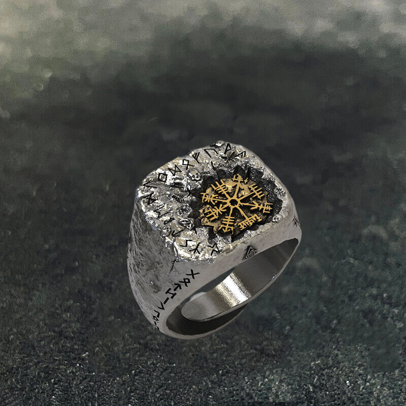 Viking Vegvisir Runes Sterling Silver Inlaid Brass Open Ring