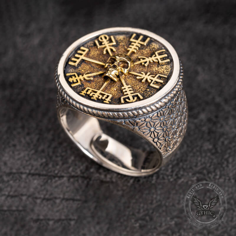 Viking Vegvisir Sterling Skull Silver Inlaid Brass Ring