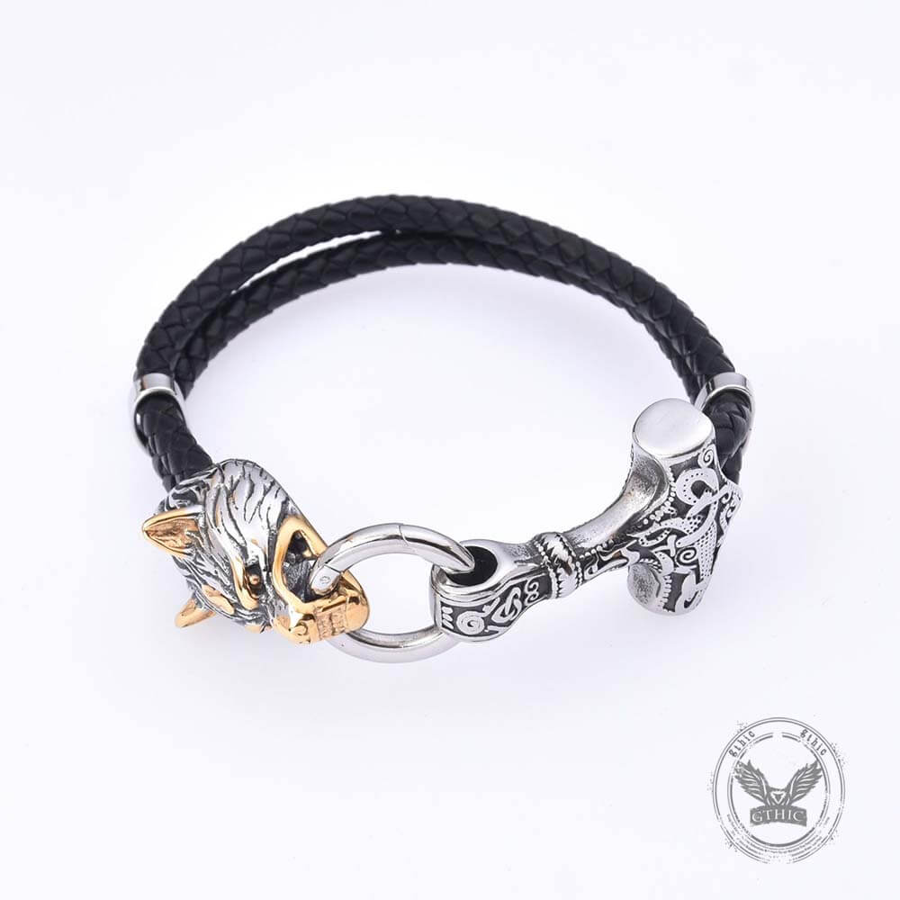 Viking Wolf Head Stainless Steel Leather Bracelet