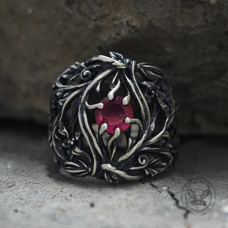 Vines Design Inlaid Gem Sterling Silver Ring