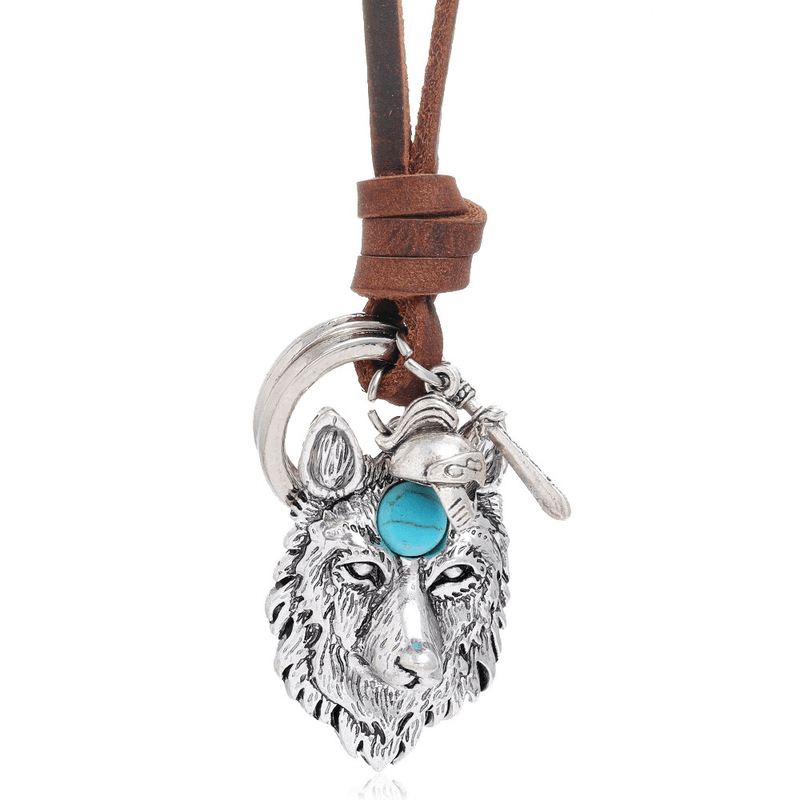 Adjustable Brown Necklace of 100% Genuine Leather / Punk Pendant in Form Wolf Head