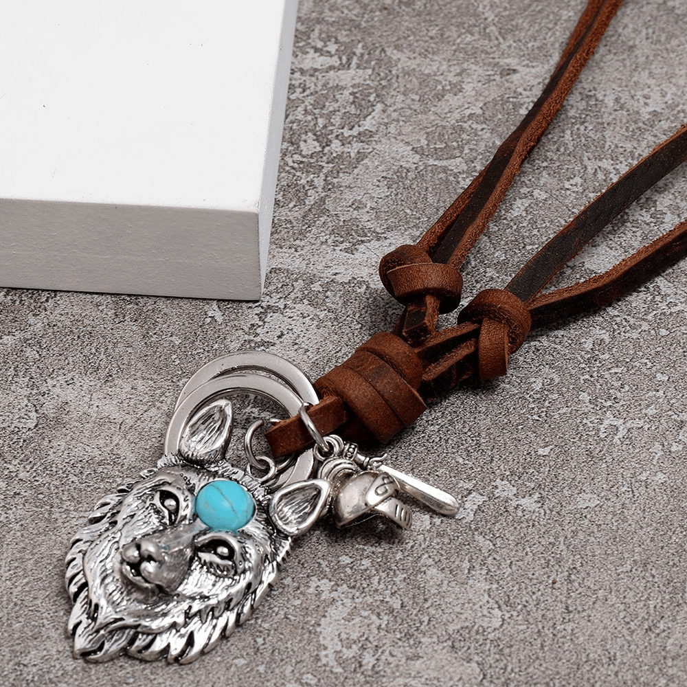 Adjustable Brown Necklace of 100% Genuine Leather / Punk Pendant in Form Wolf Head