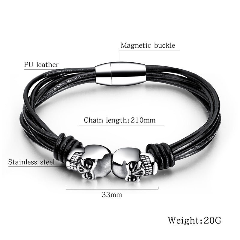 Black Double Skull Bracelets for and / Stainless Steel Bangle Jewelry