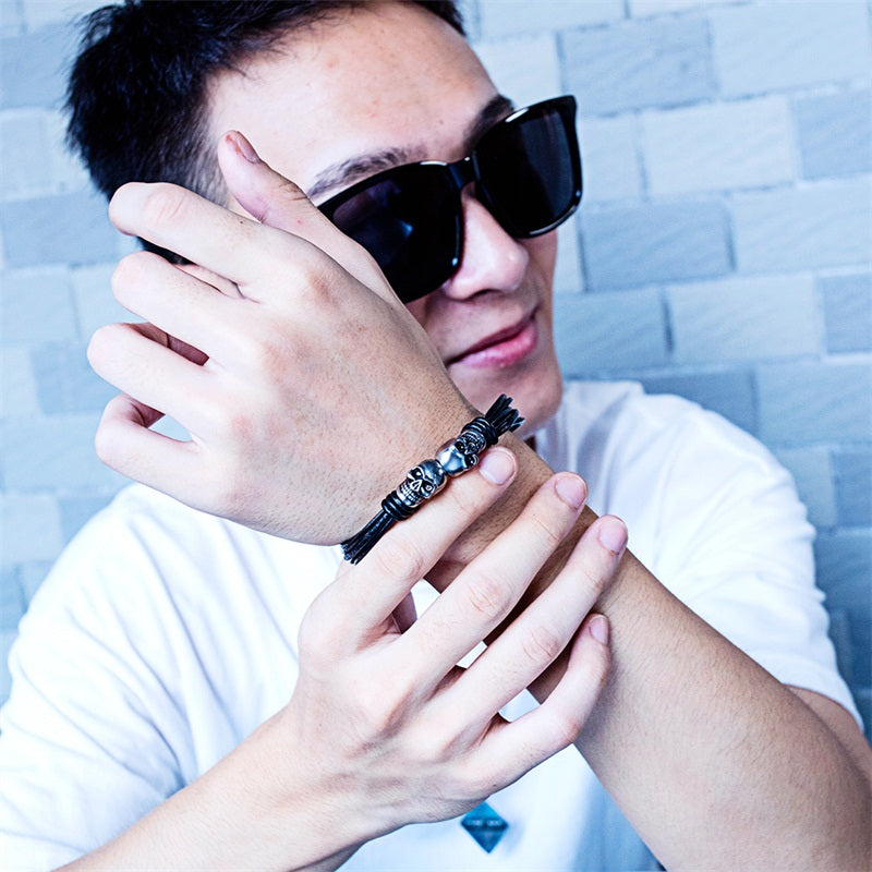 Black Double Skull Bracelets for and / Stainless Steel Bangle Jewelry