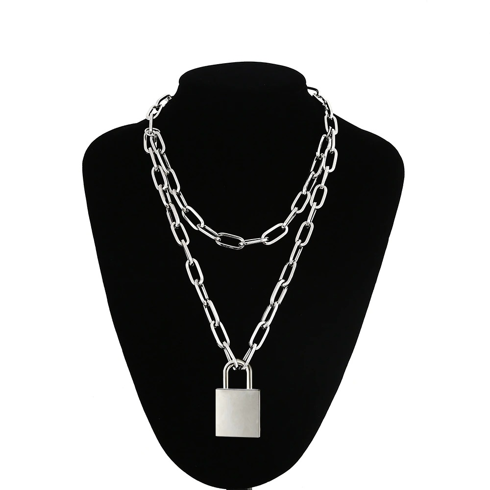 Double Layer Chain Necklace / Necklace With Padlock Pendant in Rock Style