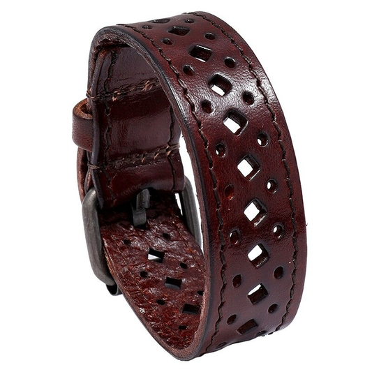 Genuine Leather Bracelet With Geometric Pattern / Wide Bangle for and