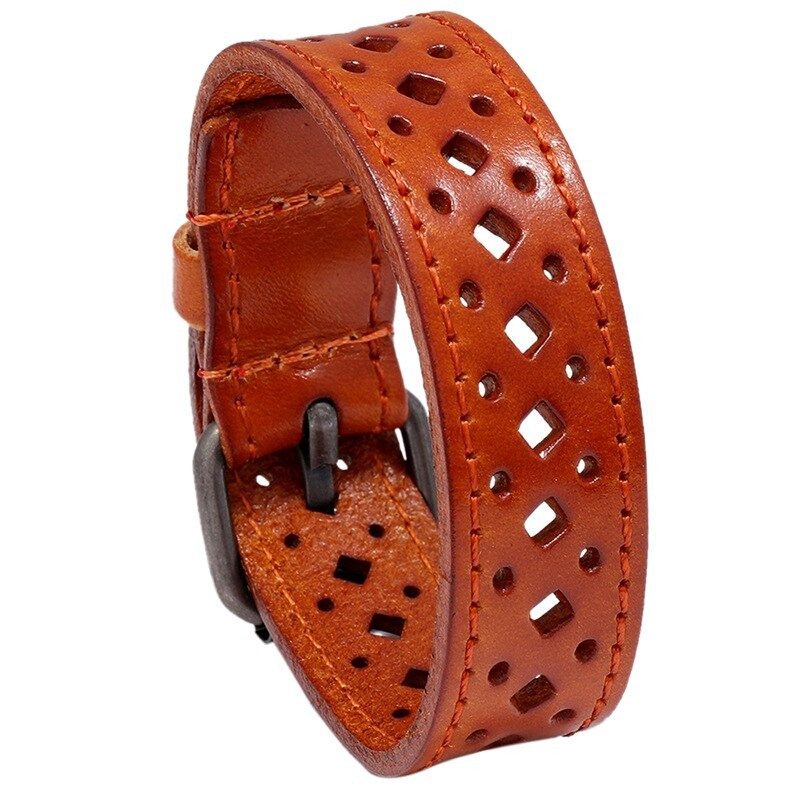 Genuine Leather Bracelet With Geometric Pattern / Wide Bangle for and