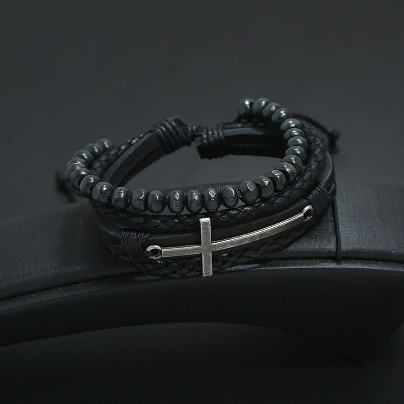 Leather Bracelets With Cross / Adjustable Wax Cord Bracelet in Rock Style