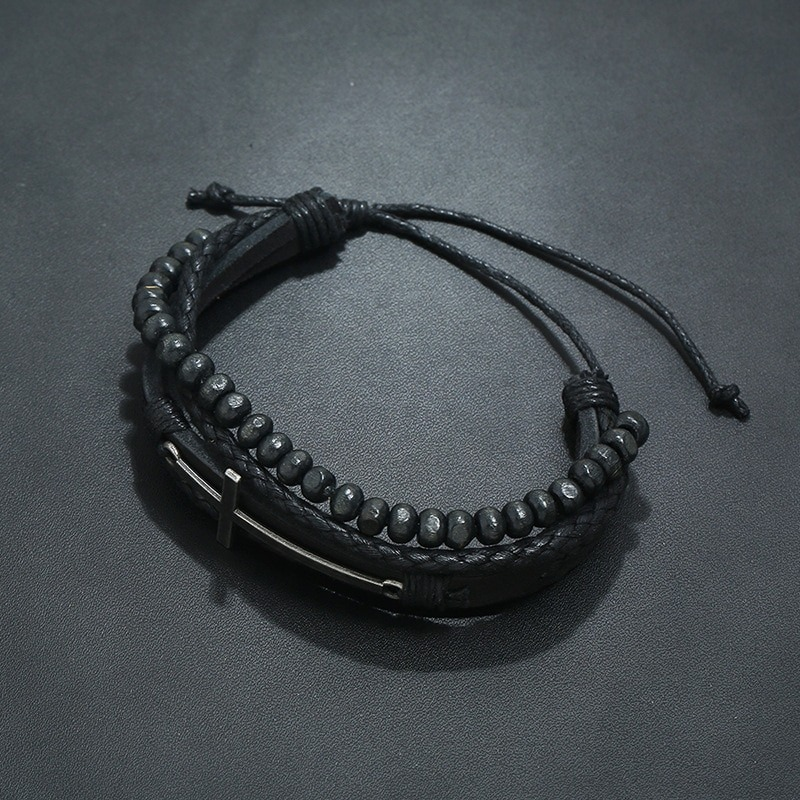 Leather Bracelets With Cross / Adjustable Wax Cord Bracelet in Rock Style