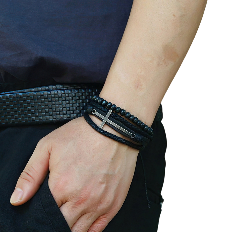 Leather Bracelets With Cross / Adjustable Wax Cord Bracelet in Rock Style