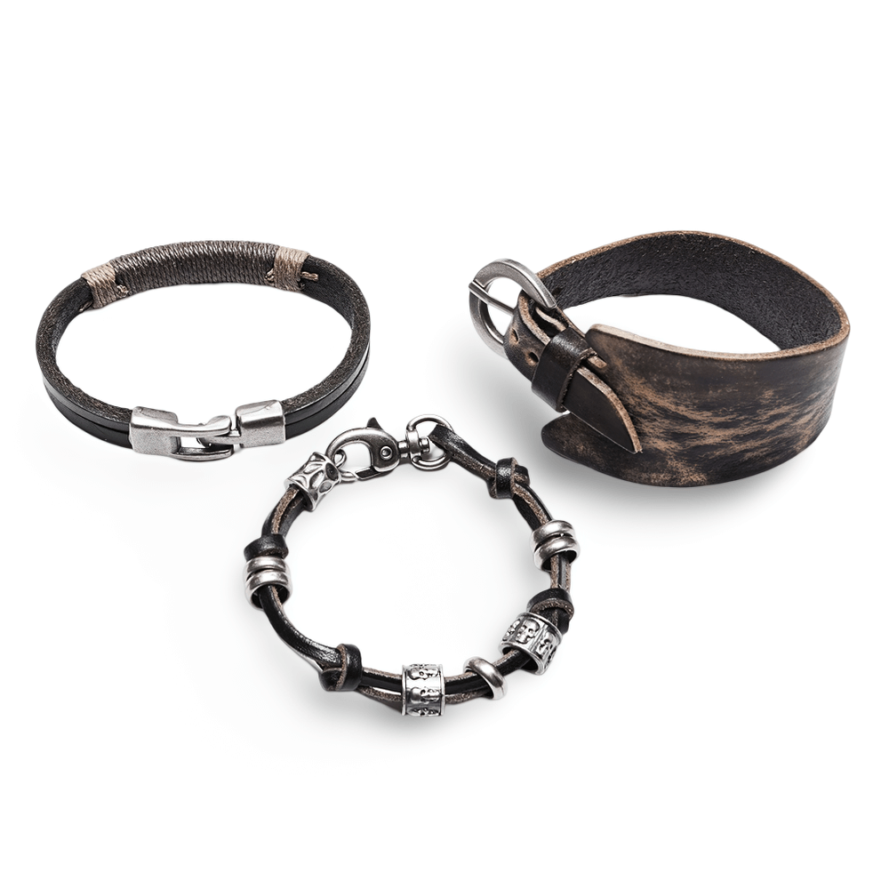 Leather Punk Bracelet Set With Skull Beads