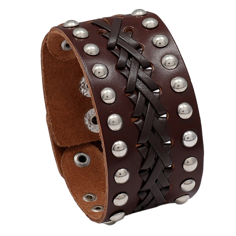 Male Genuine Leather Bracelet of Manual Weave / Wide Bangles in Punk Rock Style