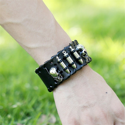 Metal Skull Leather Bracelet for and / Wide Bracelet