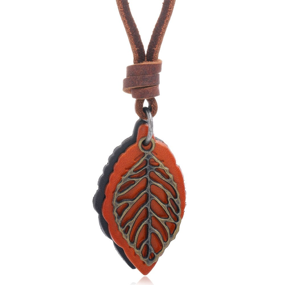 Necklace Pendant in Form Tree Leaf / Genuine Leather Necklace in Punk Style