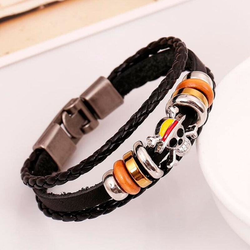 Pu Leather Bracelet With Skull / Punk Bangle Handmade With Bead and Alloy
