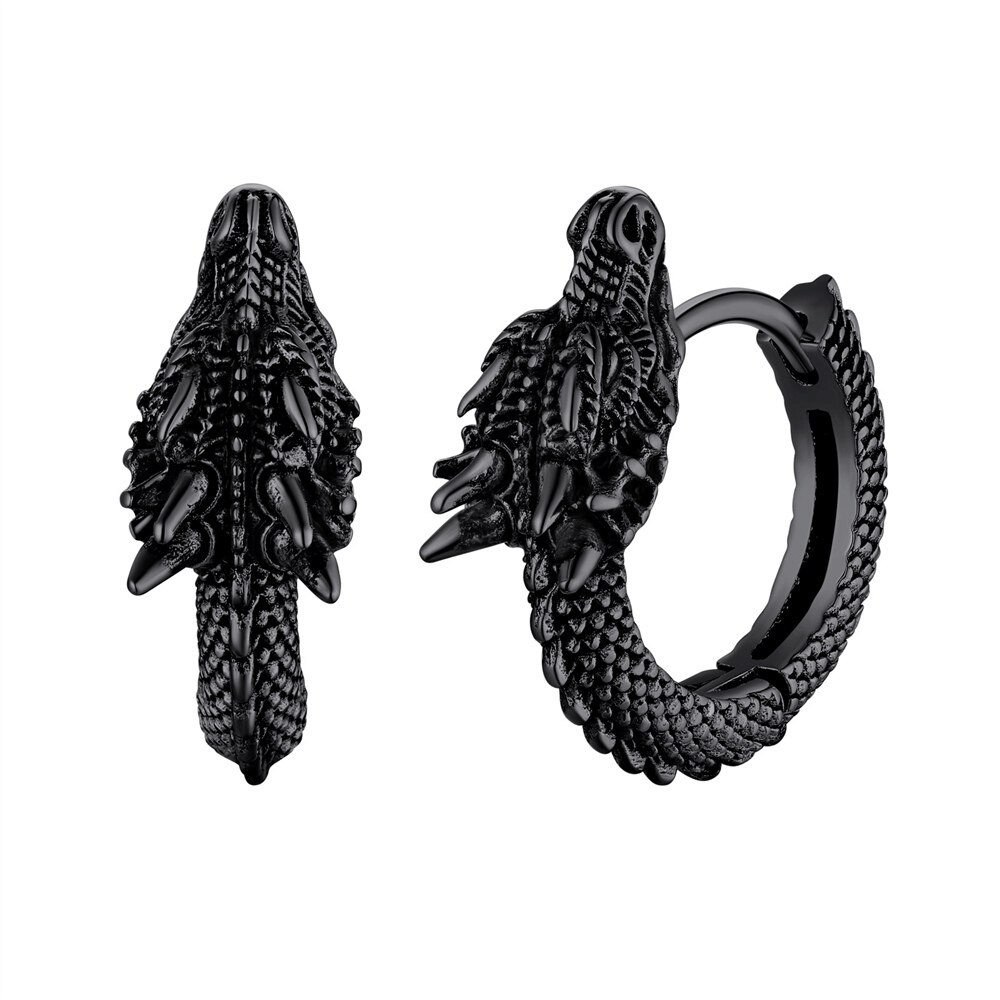 Stainless Steel Dragon Hoop Earrings / Cool Animal Earrings in Punk Style