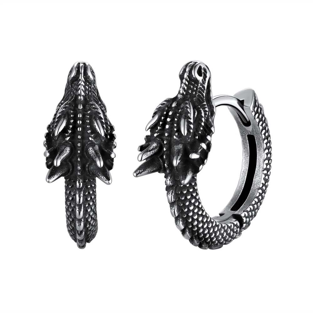 Stainless Steel Dragon Hoop Earrings / Cool Animal Earrings in Punk Style