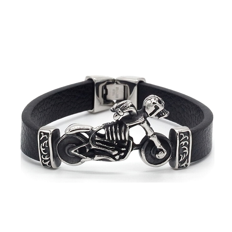 Stainless Steel Motor Skull Charms Leather Bracelet / Cool Black Biker Bracelets