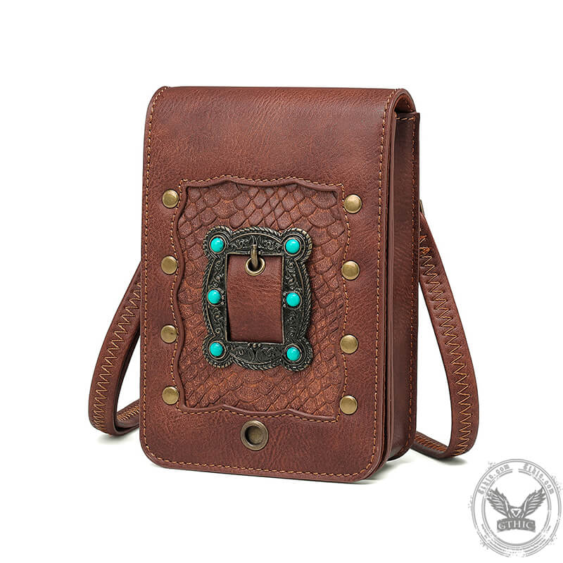 Brown Turquoise Inlaid Leather Bag