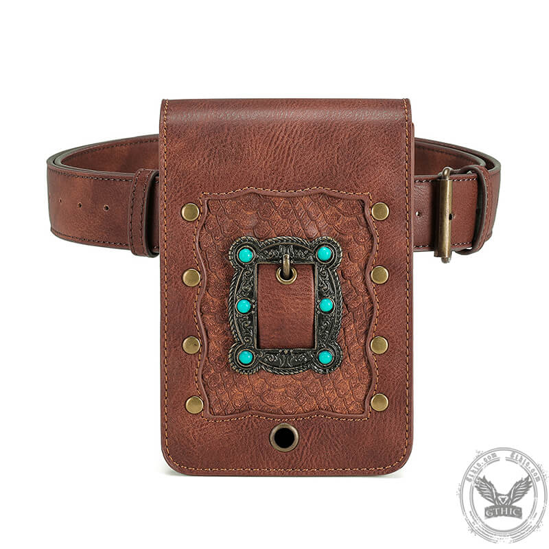 Brown Turquoise Inlaid Leather Bag